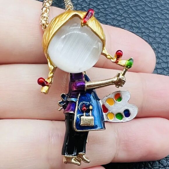 unbranded Jewelry - Enamel Little Girl Drawing Pendant Necklace/Brooch NWOT